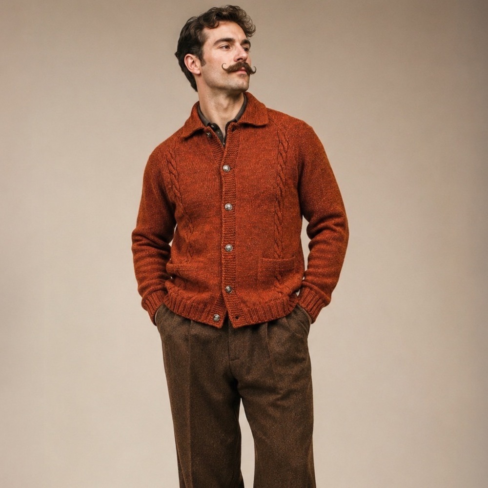 Vintage 70s Mens Rust Orange Cable Knit Cardigan Medium Coin Buttons Pockets